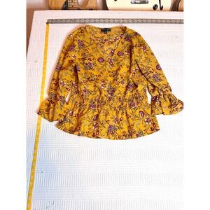 Moa Moa Mustard Yellow Floral Smocked Peplum Blouse V-Neck Ruffle Sleeve Medium